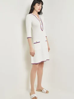 Dresses|Misook Above the Knee Sheath Dress - Intarsia Soft Knit NewIvory/AdriaticBlue/RadiantPink
