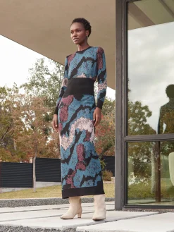 Dresses|Misook Abstract Sheath Jacquard Knit Maxi Dress TidalTeal/Black/Mahogany/Macchiato