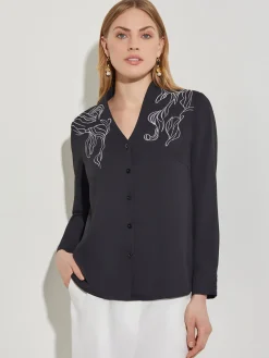 Blouses & Shirts|Tops & Tees|Misook Abstract Stitch Embroidered Button-Front Crepe Blouse Black/White
