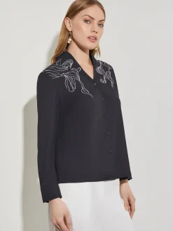 Blouses & Shirts|Tops & Tees|Misook Abstract Stitch Embroidered Button-Front Crepe Blouse Black/White