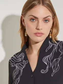 Blouses & Shirts|Tops & Tees|Misook Abstract Stitch Embroidered Button-Front Crepe Blouse Black/White