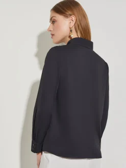 Blouses & Shirts|Tops & Tees|Misook Abstract Stitch Embroidered Button-Front Crepe Blouse Black/White