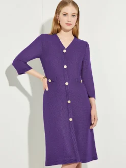Dresses|Misook A-Line Button Detail Textured Knit Dress PlumRoyale