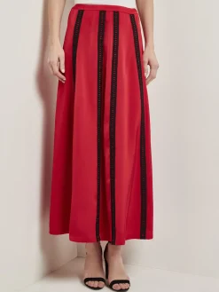 Skirts|Misook A-Line Crepe de Chine Lace Applique Maxi Skirt Rouge/Black