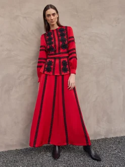 Skirts|Misook A-Line Crepe de Chine Lace Applique Maxi Skirt Rouge/Black