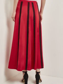 Skirts|Misook A-Line Crepe de Chine Lace Applique Maxi Skirt Rouge/Black