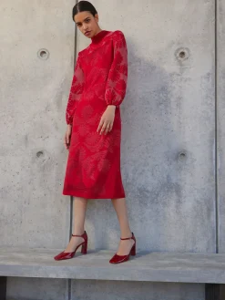 Dresses|Misook A-Line Jacquard Knit Maxi Dress Rouge