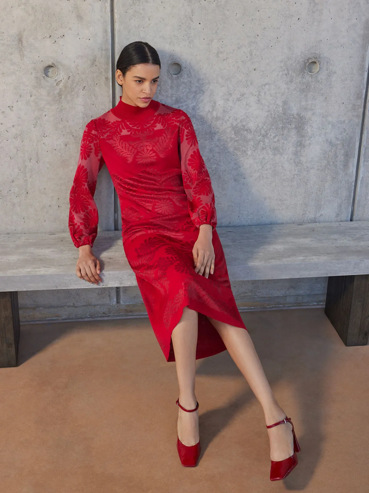Dresses|Misook A-Line Jacquard Knit Maxi Dress Rouge