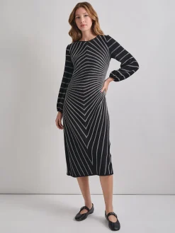 Dresses|Misook A-Line Melange Striped Soft Knit Midi Dress Black/NewIvory
