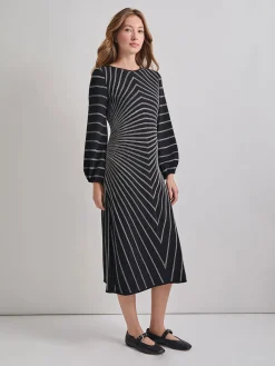 Dresses|Misook A-Line Melange Striped Soft Knit Midi Dress Black/NewIvory