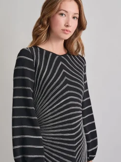 Dresses|Misook A-Line Melange Striped Soft Knit Midi Dress Black/NewIvory