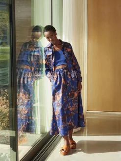 Skirts|Misook A-Line Printed Woven Maxi Skirt StarryNightBlue/Sangria/Goldenwood/CornflowerBlue/Parchment