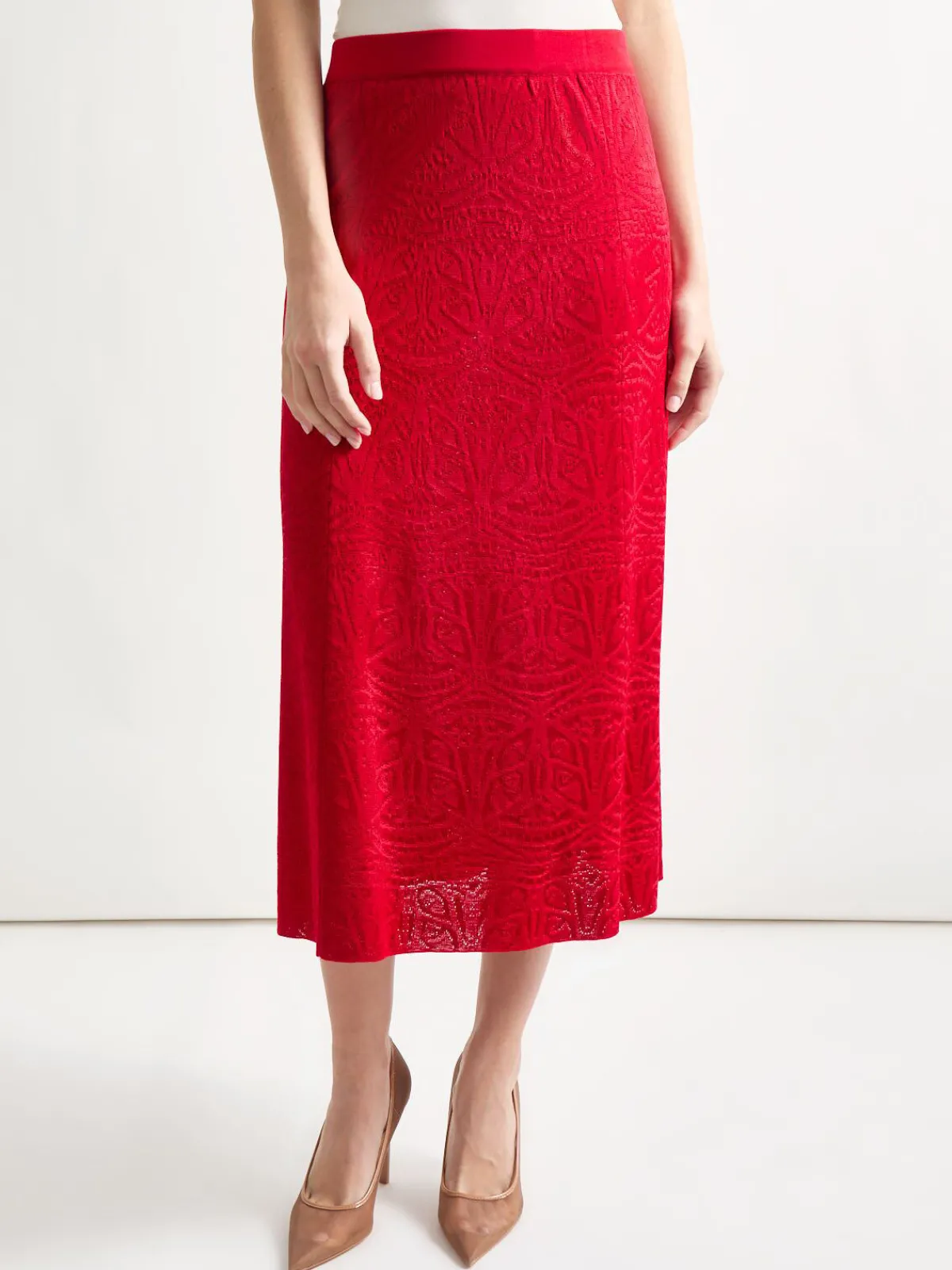 Skirts|Misook A-Line Tonal Patterned Knit Midi Skirt Rouge