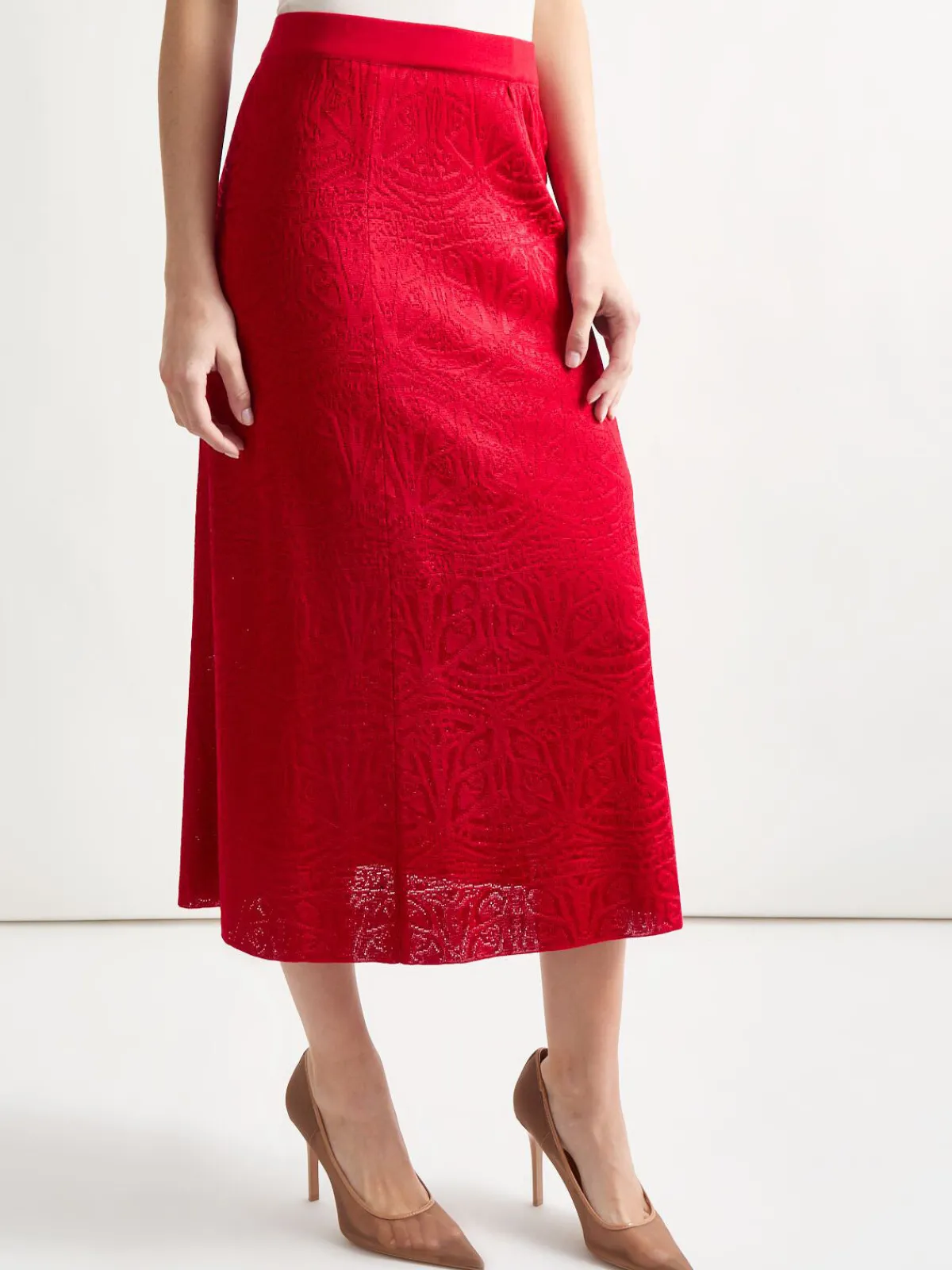 Skirts|Misook A-Line Tonal Patterned Knit Midi Skirt Rouge
