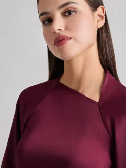 Blouses & Shirts|Tops & Tees|Misook Asymmetrical Neckline Crepe de Chine Blouse Sangria