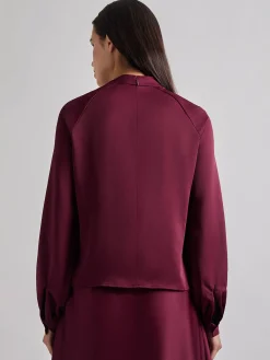 Blouses & Shirts|Tops & Tees|Misook Asymmetrical Neckline Crepe de Chine Blouse Sangria