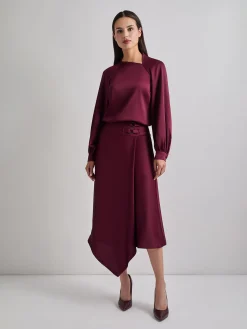 Blouses & Shirts|Tops & Tees|Misook Asymmetrical Neckline Crepe de Chine Blouse Sangria