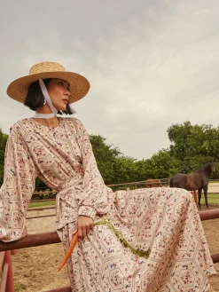 Blouses & Shirts|Tops & Tees|Misook Balloon Sleeve Belted Blouse - Floral Print Crepe de Chine Biscotti/PorcelainPink/OceanCoral/Mazarine/Charmeuse