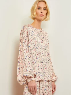 Blouses & Shirts|Tops & Tees|Misook Balloon Sleeve Belted Blouse - Floral Print Crepe de Chine Biscotti/PorcelainPink/OceanCoral/Mazarine/Charmeuse