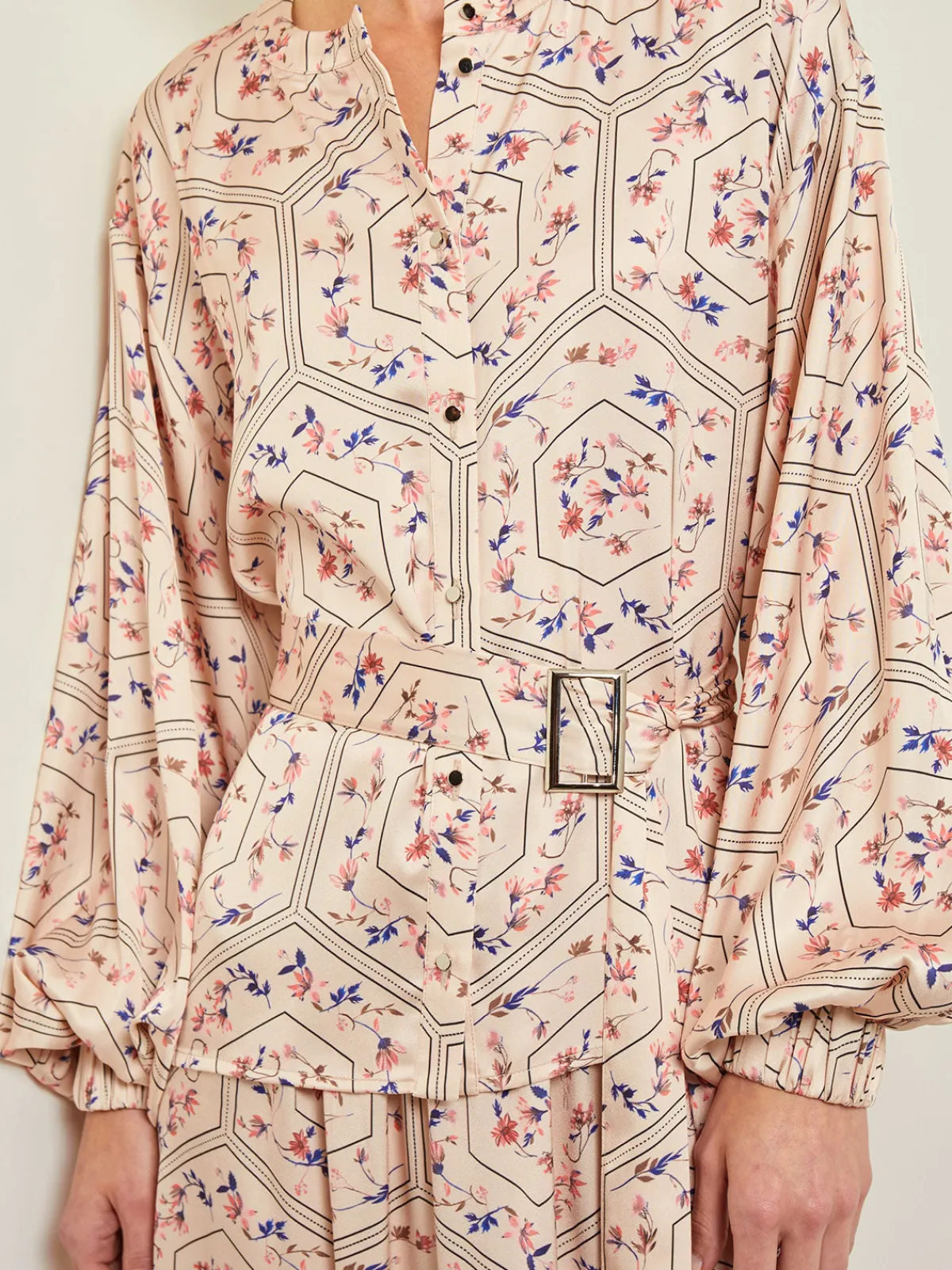Blouses & Shirts|Tops & Tees|Misook Balloon Sleeve Belted Blouse - Floral Print Crepe de Chine Biscotti/PorcelainPink/OceanCoral/Mazarine/Charmeuse
