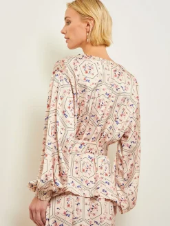 Blouses & Shirts|Tops & Tees|Misook Balloon Sleeve Belted Blouse - Floral Print Crepe de Chine Biscotti/PorcelainPink/OceanCoral/Mazarine/Charmeuse