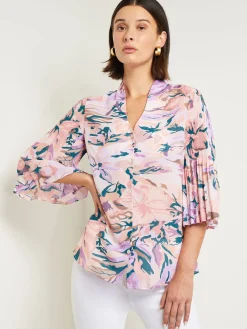 Blouses & Shirts|Tops & Tees|Misook Bell Sleeve Blouse - Pleated Blouse | RosePetal/Macchiato/LavenderField/Spruce/Biscotti/White