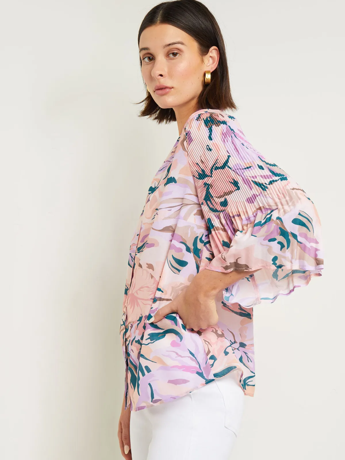 Blouses & Shirts|Tops & Tees|Misook Bell Sleeve Blouse - Pleated Blouse | RosePetal/Macchiato/LavenderField/Spruce/Biscotti/White