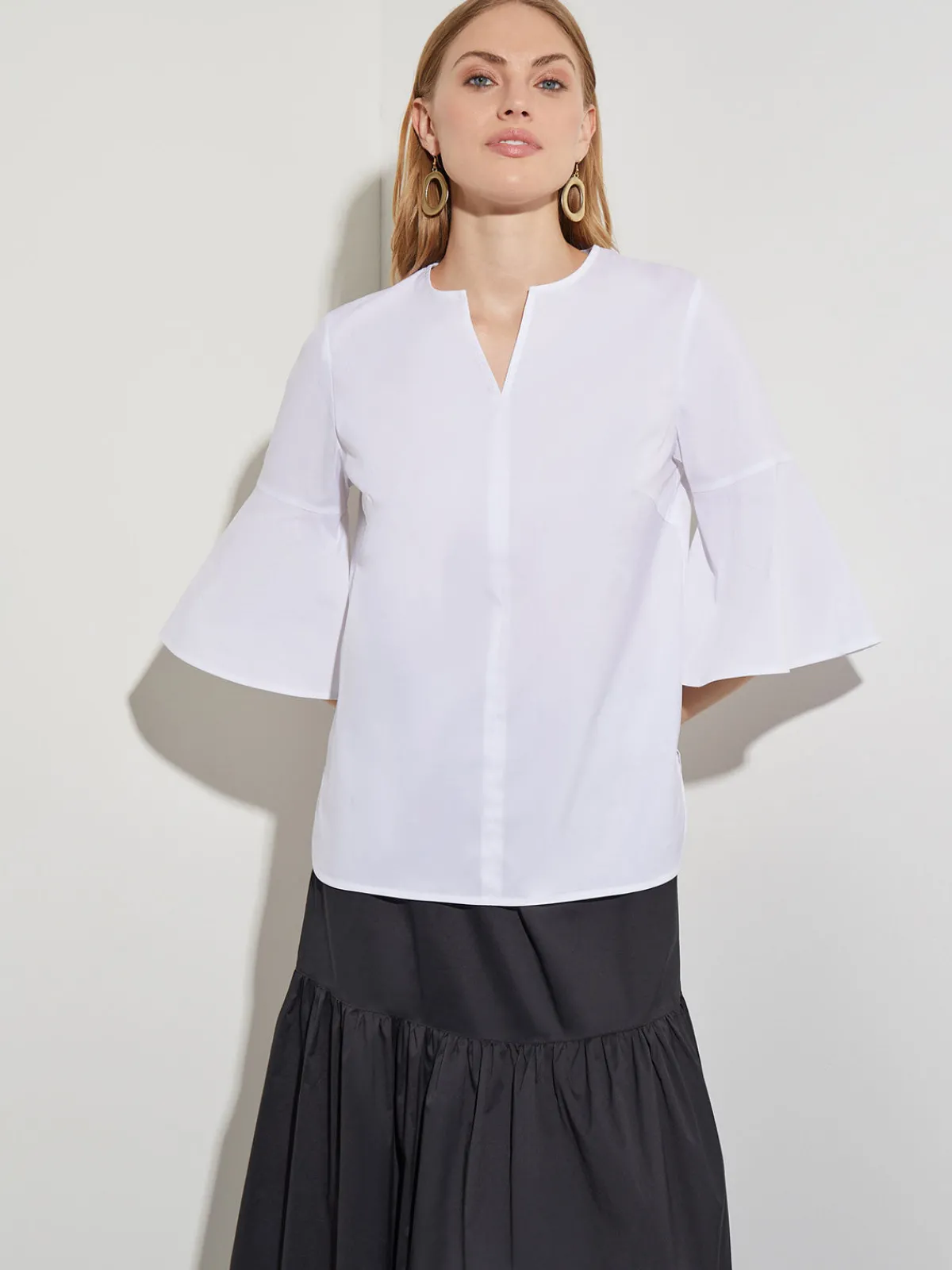 Blouses & Shirts|Tops & Tees|Misook Bell Sleeve Cotton Blend Blouse White