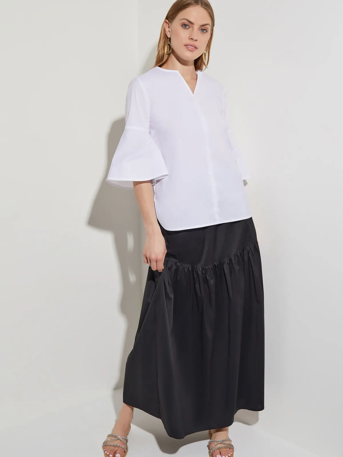 Blouses & Shirts|Tops & Tees|Misook Bell Sleeve Cotton Blend Blouse White