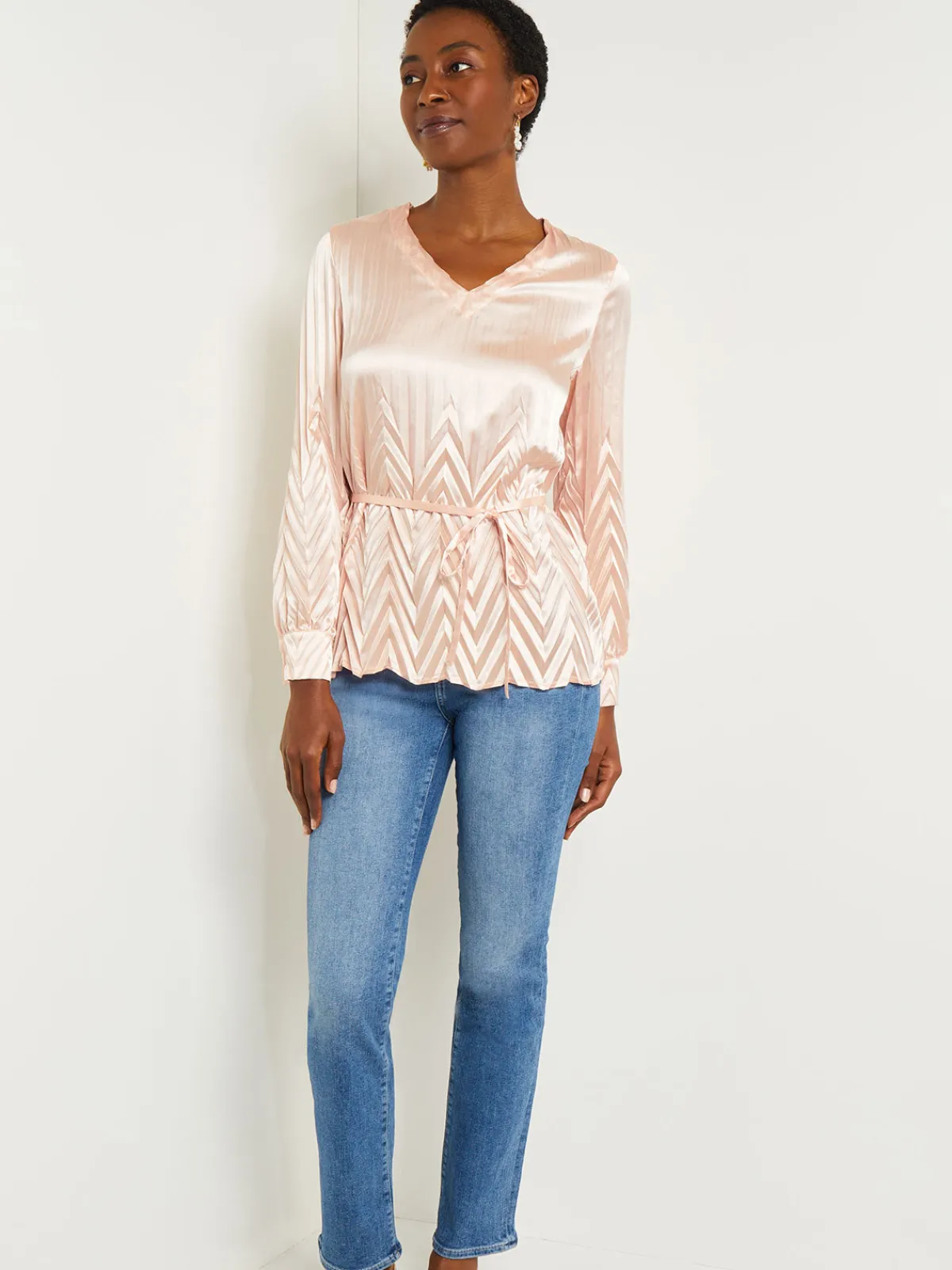 Blouses & Shirts|Tops & Tees|Misook Belted Blouse - Chevron Textured Crepe de Chine PorcelainPink