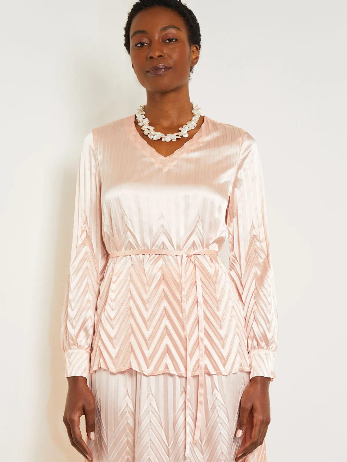 Blouses & Shirts|Tops & Tees|Misook Belted Blouse - Chevron Textured Crepe de Chine PorcelainPink