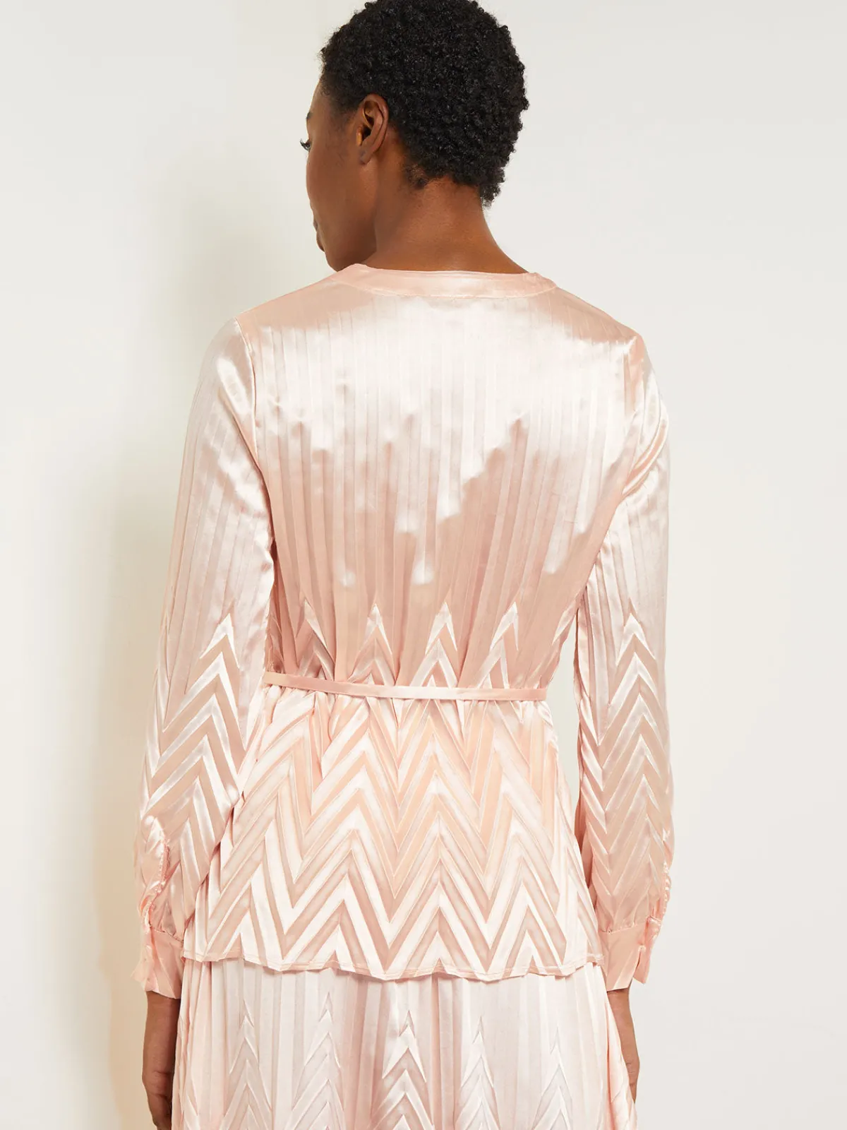 Blouses & Shirts|Tops & Tees|Misook Belted Blouse - Chevron Textured Crepe de Chine PorcelainPink