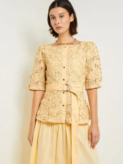 Blouses & Shirts|Tops & Tees|Misook Belted Button Front Blouse - Floral Applique Woven PaleGold