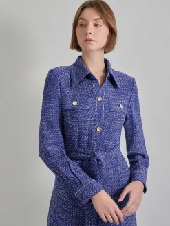 Dresses|Misook Belted Button Front Tweed Knit Midi Dress StarryNightBlue/NewIvory
