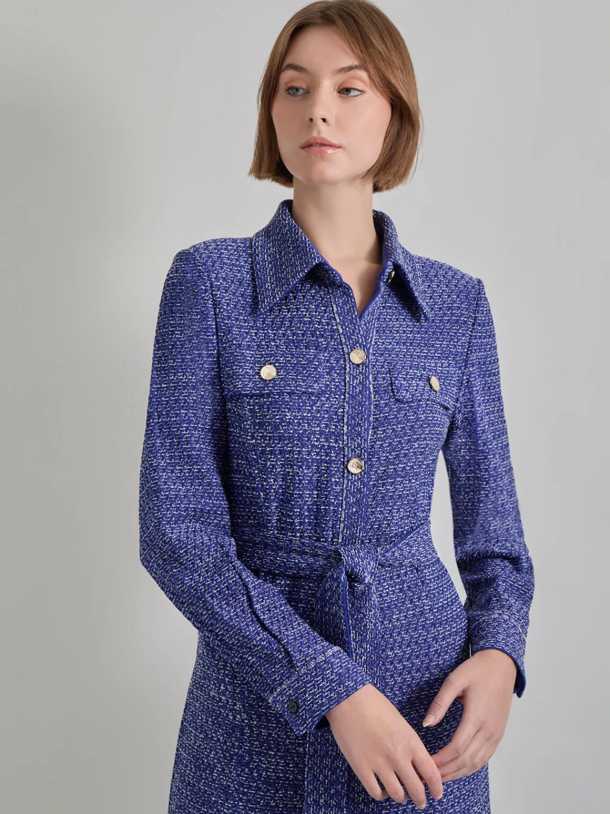 Dresses|Misook Belted Button Front Tweed Knit Midi Dress StarryNightBlue/NewIvory
