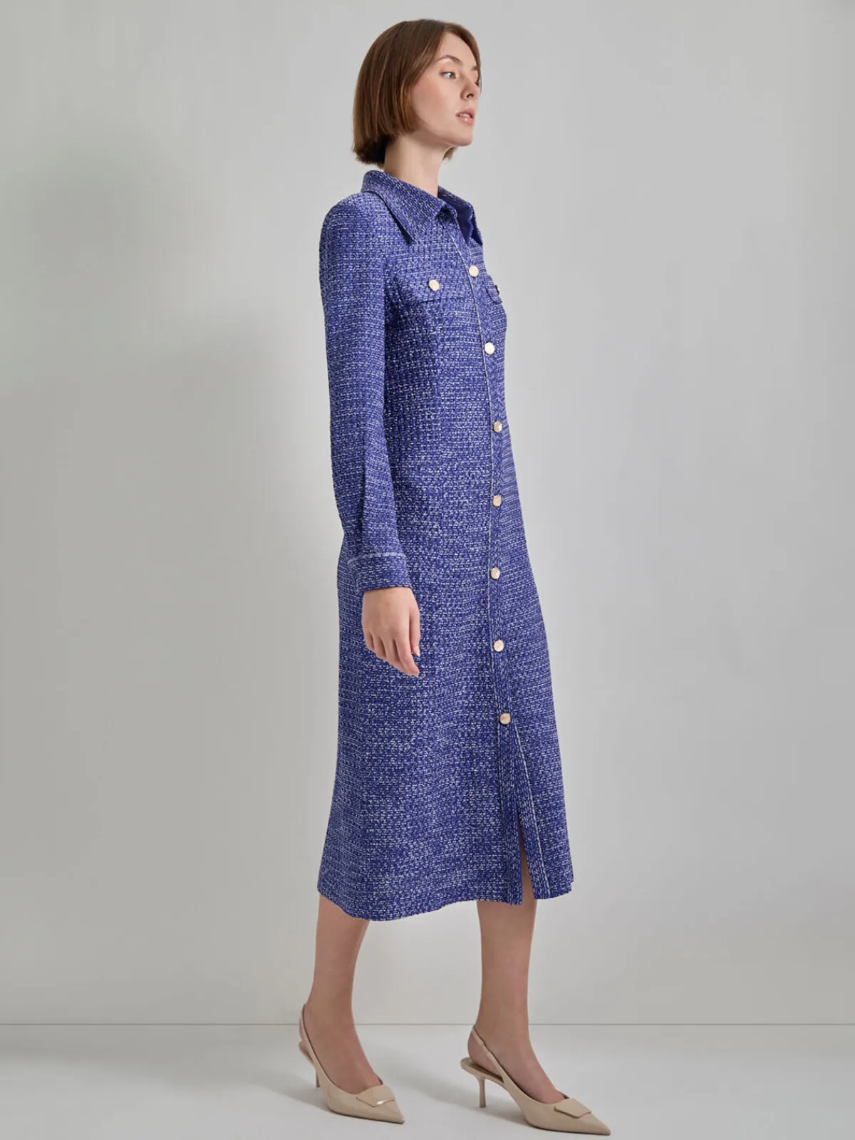 Dresses|Misook Belted Button Front Tweed Knit Midi Dress StarryNightBlue/NewIvory