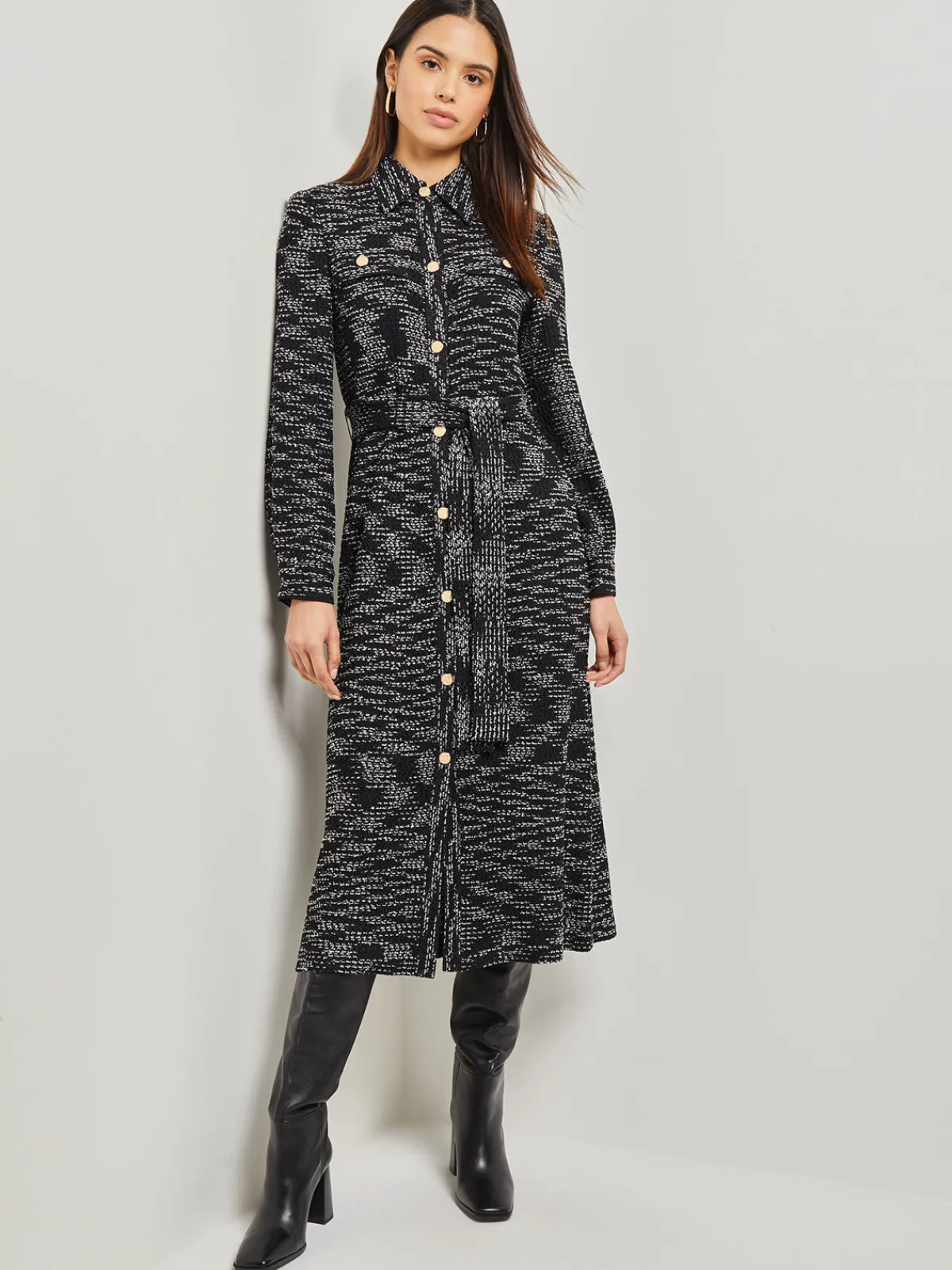 Dresses|Misook Belted Button Front Tweed Knit Midi Dress Black/NewIvory