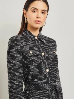 Dresses|Misook Belted Button Front Tweed Knit Midi Dress Black/NewIvory