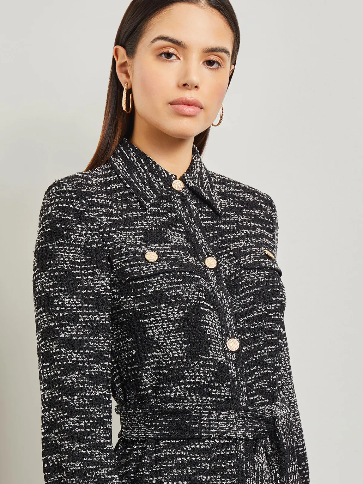 Dresses|Misook Belted Button Front Tweed Knit Midi Dress Black/NewIvory