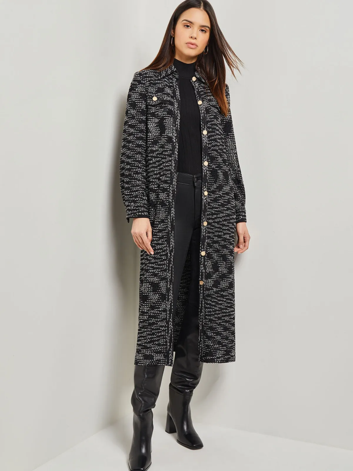 Dresses|Misook Belted Button Front Tweed Knit Midi Dress Black/NewIvory