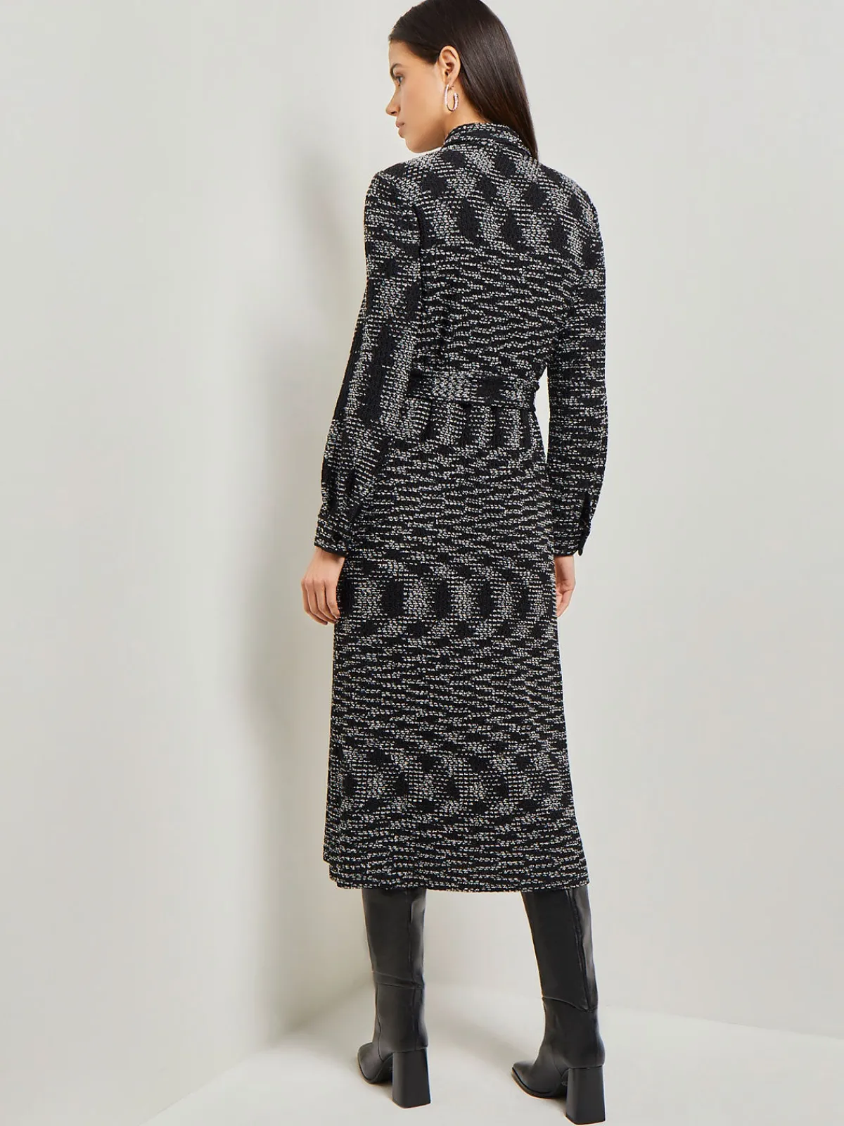 Dresses|Misook Belted Button Front Tweed Knit Midi Dress Black/NewIvory