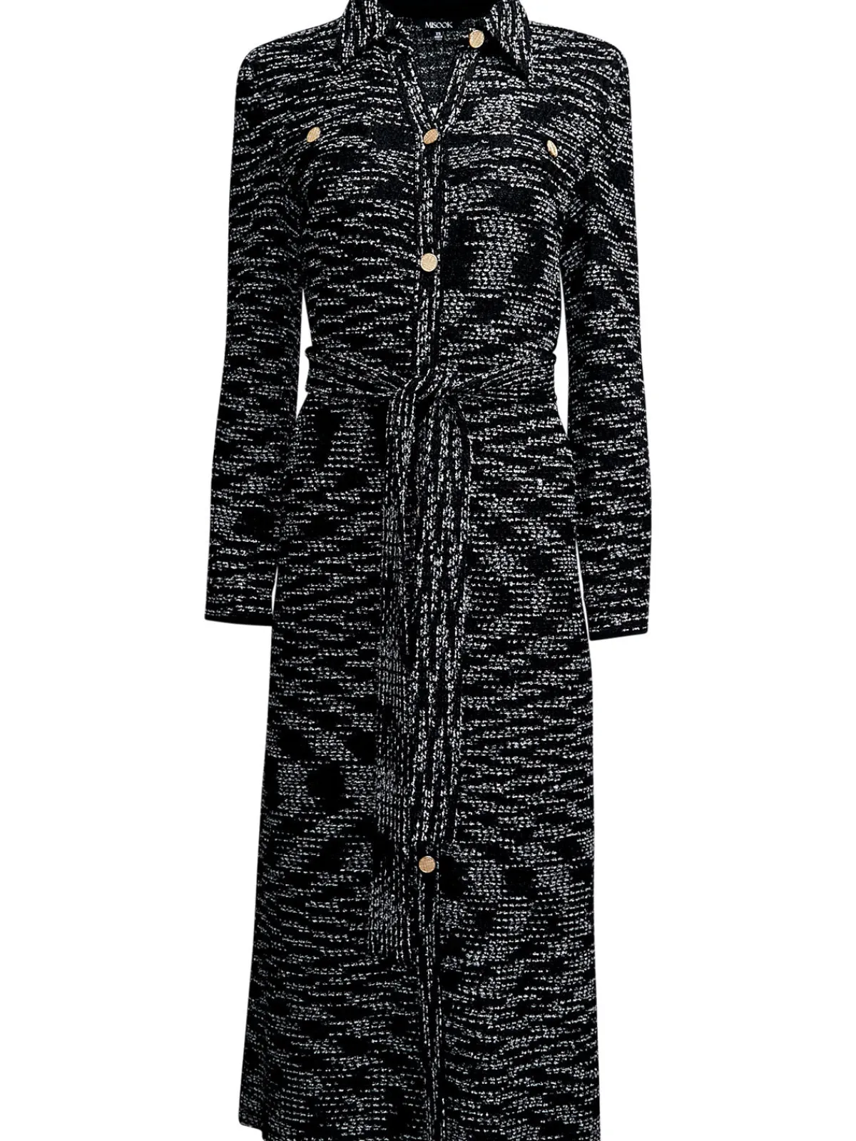 Dresses|Misook Belted Button Front Tweed Knit Midi Dress Black/NewIvory