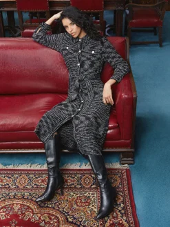 Dresses|Misook Belted Button Front Tweed Knit Midi Dress Black/NewIvory