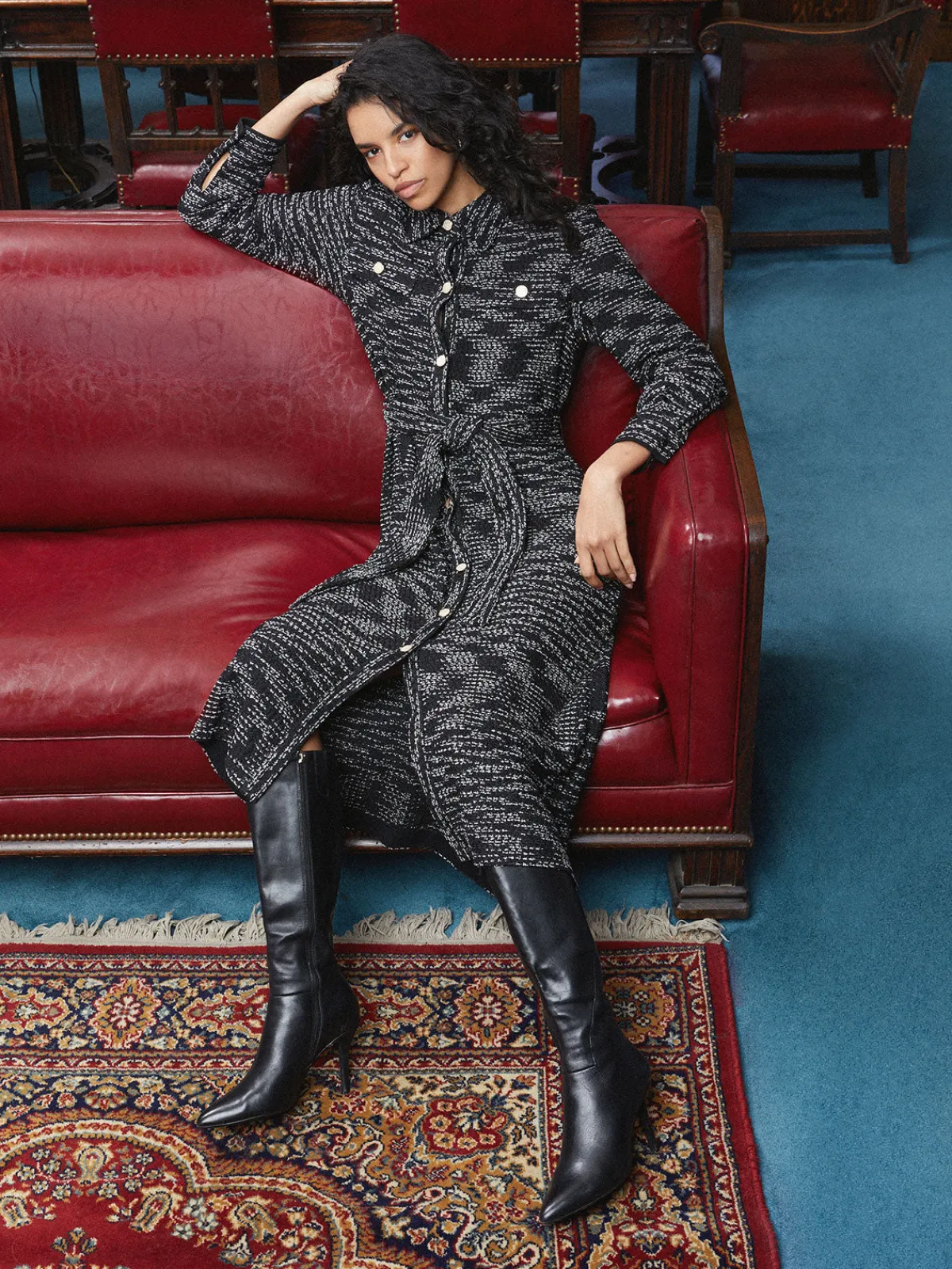Dresses|Misook Belted Button Front Tweed Knit Midi Dress Black/NewIvory