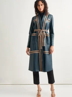 Jackets & Coats|Misook Belted Long Vegan Leather Jacket MarineTeal/Black/Goldenwood