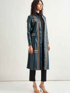 Jackets & Coats|Misook Belted Long Vegan Leather Jacket MarineTeal/Black/Goldenwood