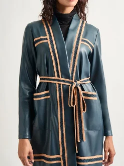 Jackets & Coats|Misook Belted Long Vegan Leather Jacket MarineTeal/Black/Goldenwood