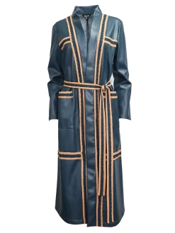 Jackets & Coats|Misook Belted Long Vegan Leather Jacket MarineTeal/Black/Goldenwood