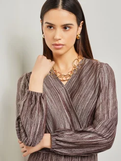 Dresses|Misook Bishop Sleeve Jacquard Knit Maxi Dress Mahogany/VenetianRose/Black