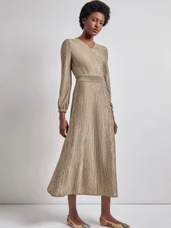 Dresses|Misook Bishop Sleeve Jacquard Knit Maxi Dress Black/Sand/Biscotti